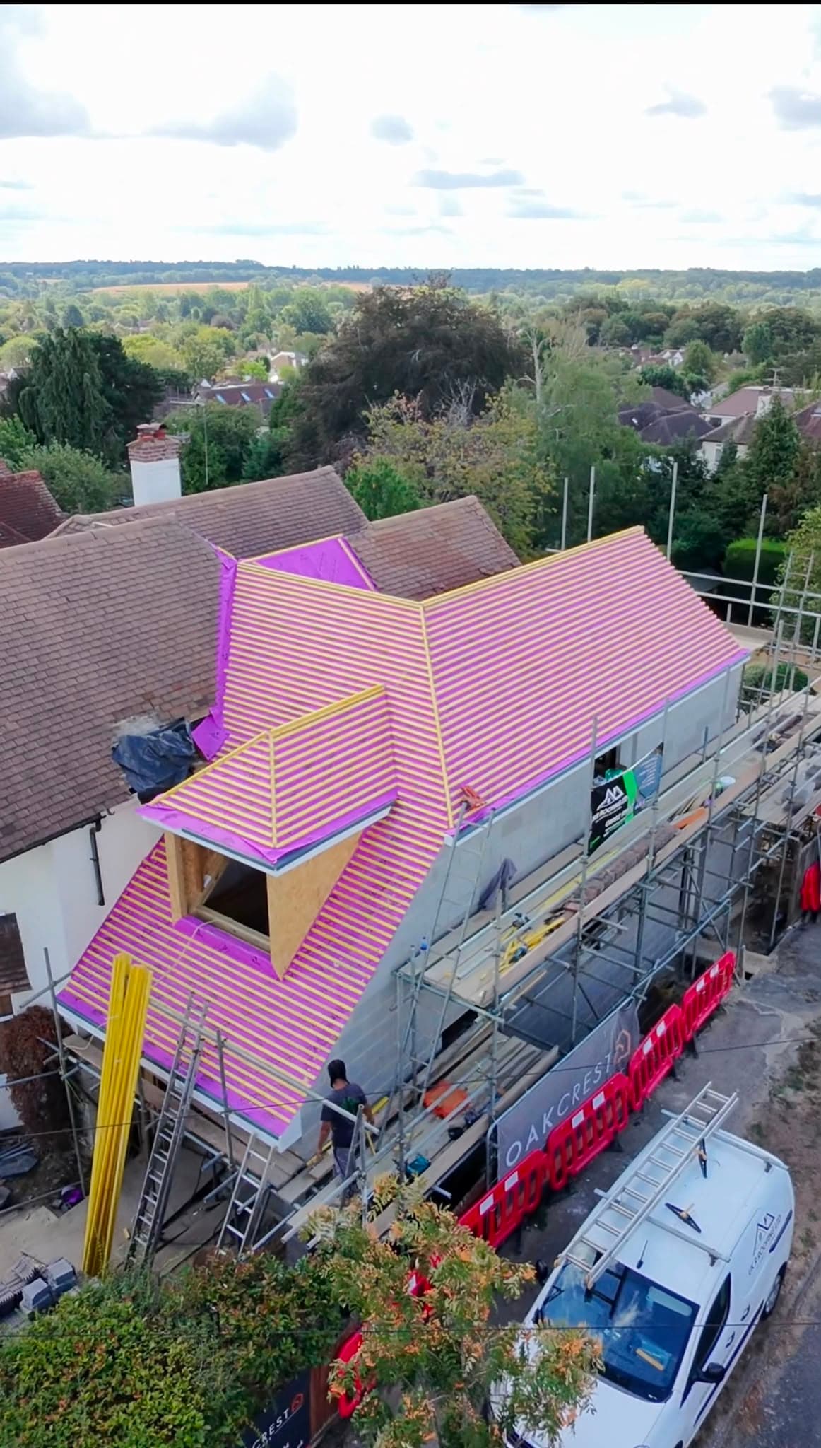 Aerial view of UKR Roofing pitched roof install with battens and underlay