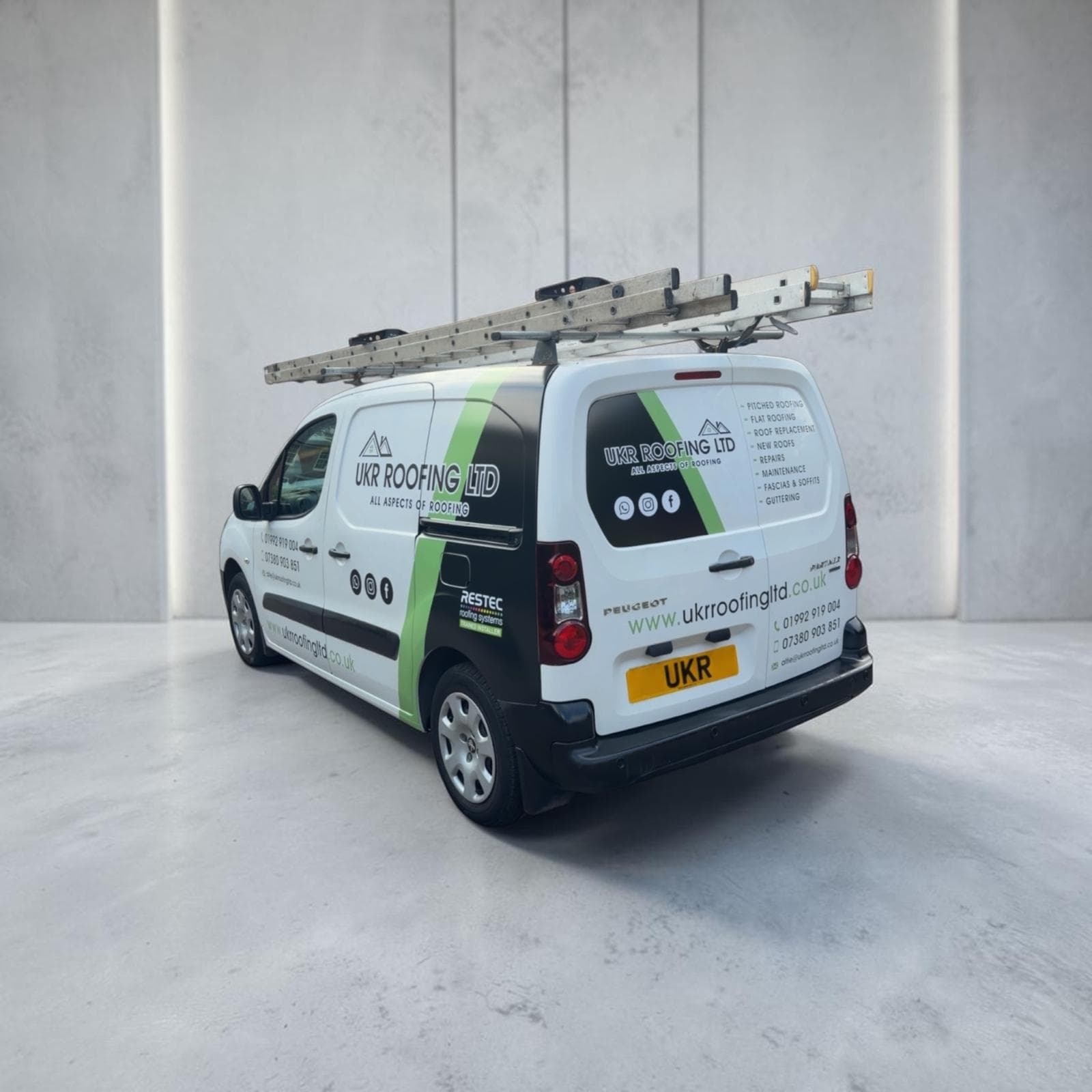 UKR Roofing Ltd branded van covering Essex, Hertfordshire and London